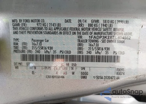 2014 Ford Focus Se из США, поврежденный, VIN 1FADP3K2XEL404562